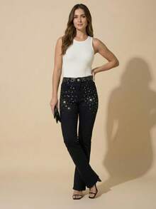 pthirillo Women's Black Flare Jeans With High-Waisted Butt-Lifting Effect And Rhinestone Detail. - 水鑽和串珠混合腰帶 - 查看 5