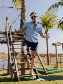 Light Blue Men's Dress Shirt With Mandarin Collar, Lightweight And Cool Dunas Fabric - Summer 2026 - Beach Shirt - Everyday Shirt - 霧霾藍 - 查看 3