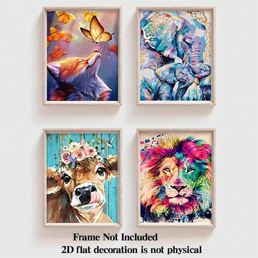 4pcs Frameless Bright Lion Painting Wall Art Poster For Home Decoration European And American Style Art For Living Room Decoration Bedroom Decoration 8*10inches - Multicolor - View 1