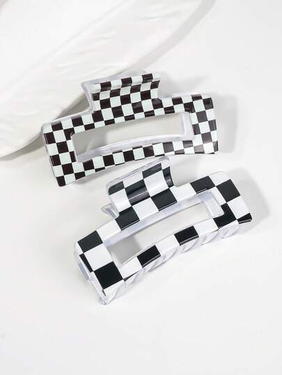 2pcs Plaid All-Match Hair Claw Clips, Minimalist Rectangular & Wavy Edge Design, Smooth High-Gloss Chessboard Pattern Classic Retro Style, Strong Spring + Multi-Tooth Structure Durable, Stable Grip Suitable For Thick & Thin Hair, Daily Bun/Half-Up/Shower Fixing, Lightweight Non-Deformable, Versatile Commute & Home Accessory