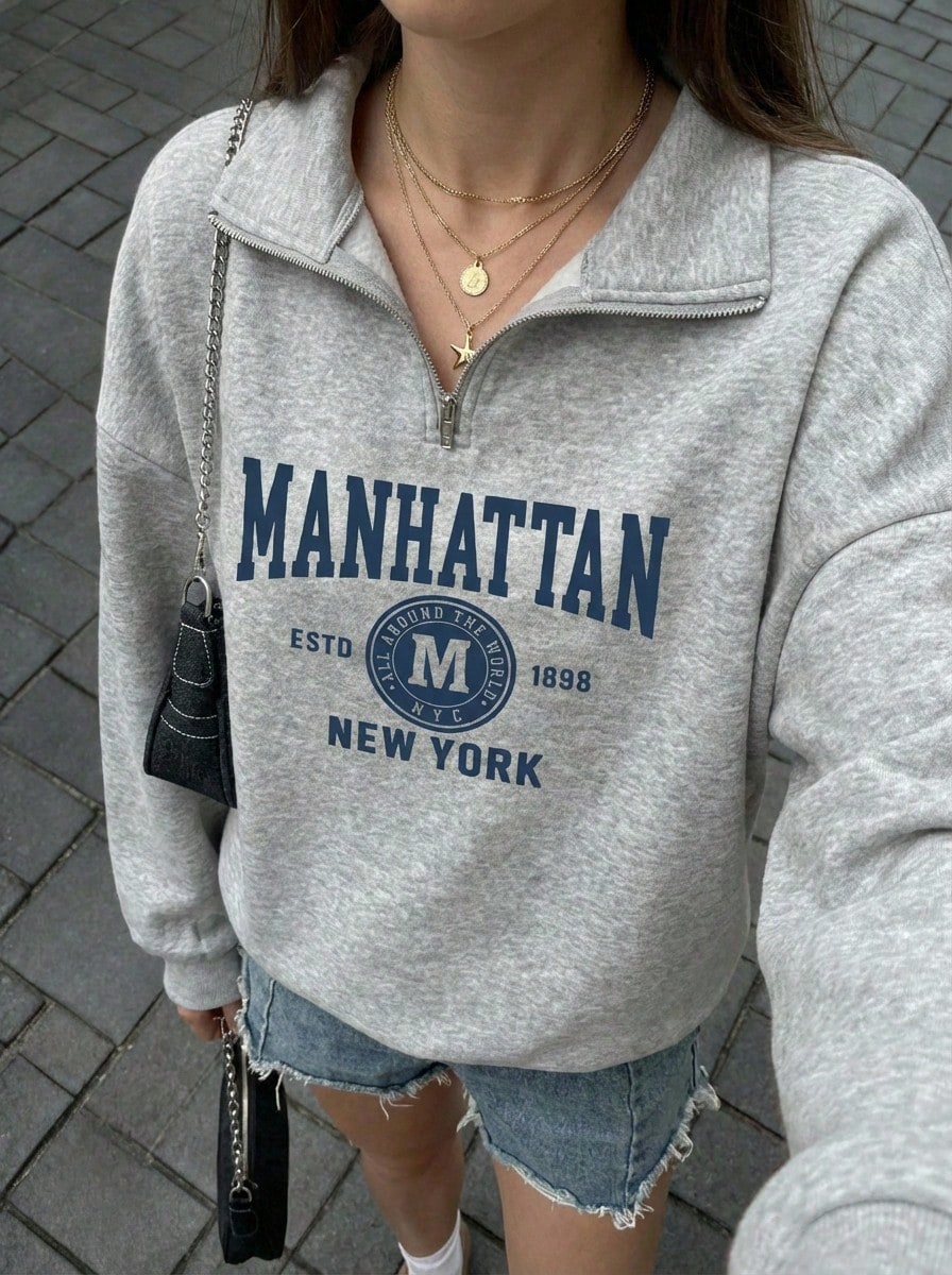 Buzzelle 女士秋冬新款简约吸睛美式纽约城市英文印花休闲半高领拉链卫衣，时尚百搭 - 深花灰 - 查看 1