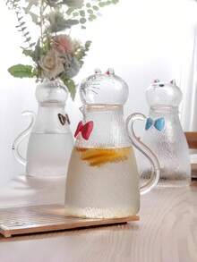 1pc Cute Bow Tie Cat Glass Handmade Carafe, High-Quality Cold Water Pitcher, Large Capacity Teapot For Home Use - Multicolor - View 5