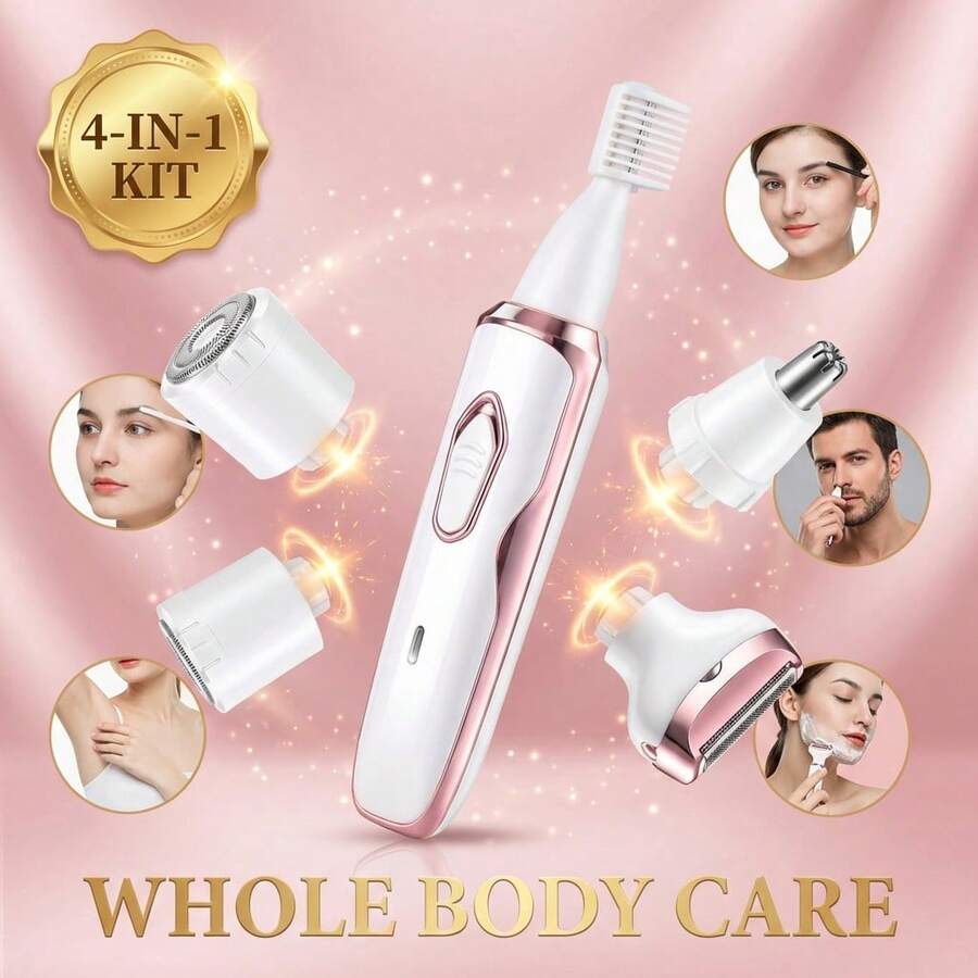 4 In 1 Electric Shaver Kit For Women Pink Painless Face Eyebrow Bikini & Body Hair Remover Rechargeable Grooming Set - Pink - View 1