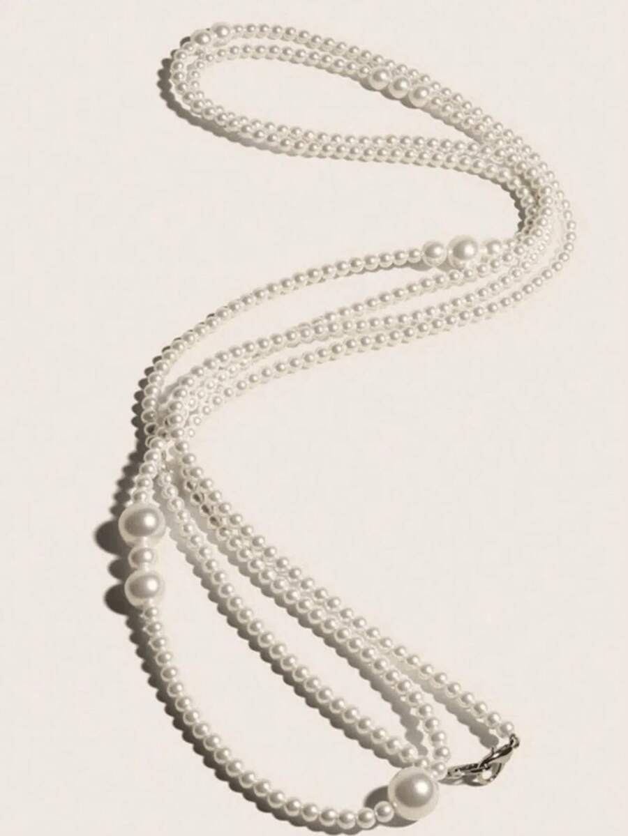 1pc Elegant Premium White Pearl Waist Chain Summer, School Fall, Autumn, Halloween - 白色 - 查看 1