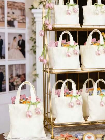 迷你/小号/中号/大号 1/3/5/10个/套 花卉帆布手提袋，郁金香化妆包，可重复使用帆布礼品袋套装，多种尺寸可选，适用于婚礼新娘、派对、SPA、伴娘、生日、春季派对回礼等场合，可重复使用棉质手提袋，粉彩色手提袋，日常购物