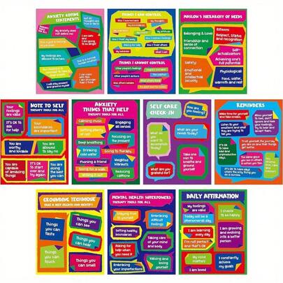 10pcs Mental Health Posters, Anxiety Motivational Posters, Mental Health Counselor Posters, For Coping Mechanisms And Stress Management, Suitable For Home And Office Use