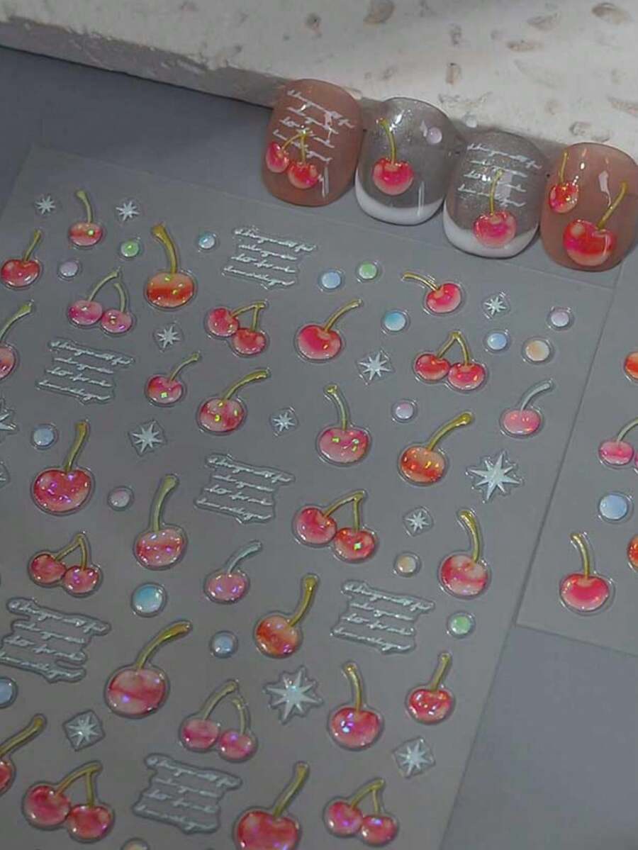 1片甜美果冻红樱桃美甲贴纸，3D立体美甲贴花，自粘式美甲装饰礼品，女士美甲贴纸