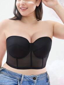 Plus Size Strapless Bra - Sheer Mesh Panels, Supportive And Comfortable, Suitable For Formal Occasions And Everyday Wear - Black - View 12