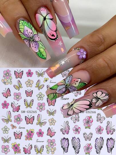 2 st vår och sommar 3D nagelklistermärken färgglada fjärilsblommor körsbärsblommor nageldekaler 3D självhäftande blomblad blommor nagelkonst design gör-det-själv manikyr dekoration nageltillbehör