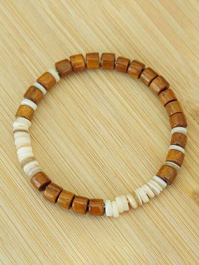 1件男士波西米亚风手工木珠贝壳手链复古风格男士配饰