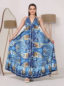 Dress, Random Print, Fabric, Backless / Bare Back, Beach - Golden Blue - View 2