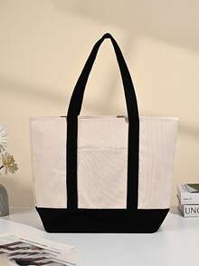 Customized Photo Collage Contrast Color Canvas Tote Bag, Fashionable Lightweight Handbag, Foldable Storage Bag, Commuter Shoulder Bag, Large Capacity Shopping Bag, Suitable For Daily Use, Can Be Given As A Gift To Family And Friends, Versatile, Spacious, Casual All-Match Style, Customizable, Personalized, Unique, Suitable For Anniversary, Birthday, Holiday/Vacation, Outdoor/Picnic/Travel/Hiking, Sports/Gym, Business/Commute/Work/Office, Etc. - White - View 10