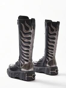 Flame Emborider Punk Boots For Women, Platform Gothic Knee Boots, Combat Fashion Motorcycle Shoes, Women's Zip Long Boots, Casual Metal Decor Shoes - 黑色 - 查看 3