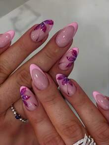 Bộ 24 móng giả hình hạnh nhân, màu hồng và tím, họa tiết hoa, độ dài trung bình, thích hợp cho hẹn hò, chụp ảnh, đi làm, dự tiệc, giúp tăng thêm vẻ quyến rũ, phụ kiện làm móng nghệ thuật. - Nhiều màu - Xem 9