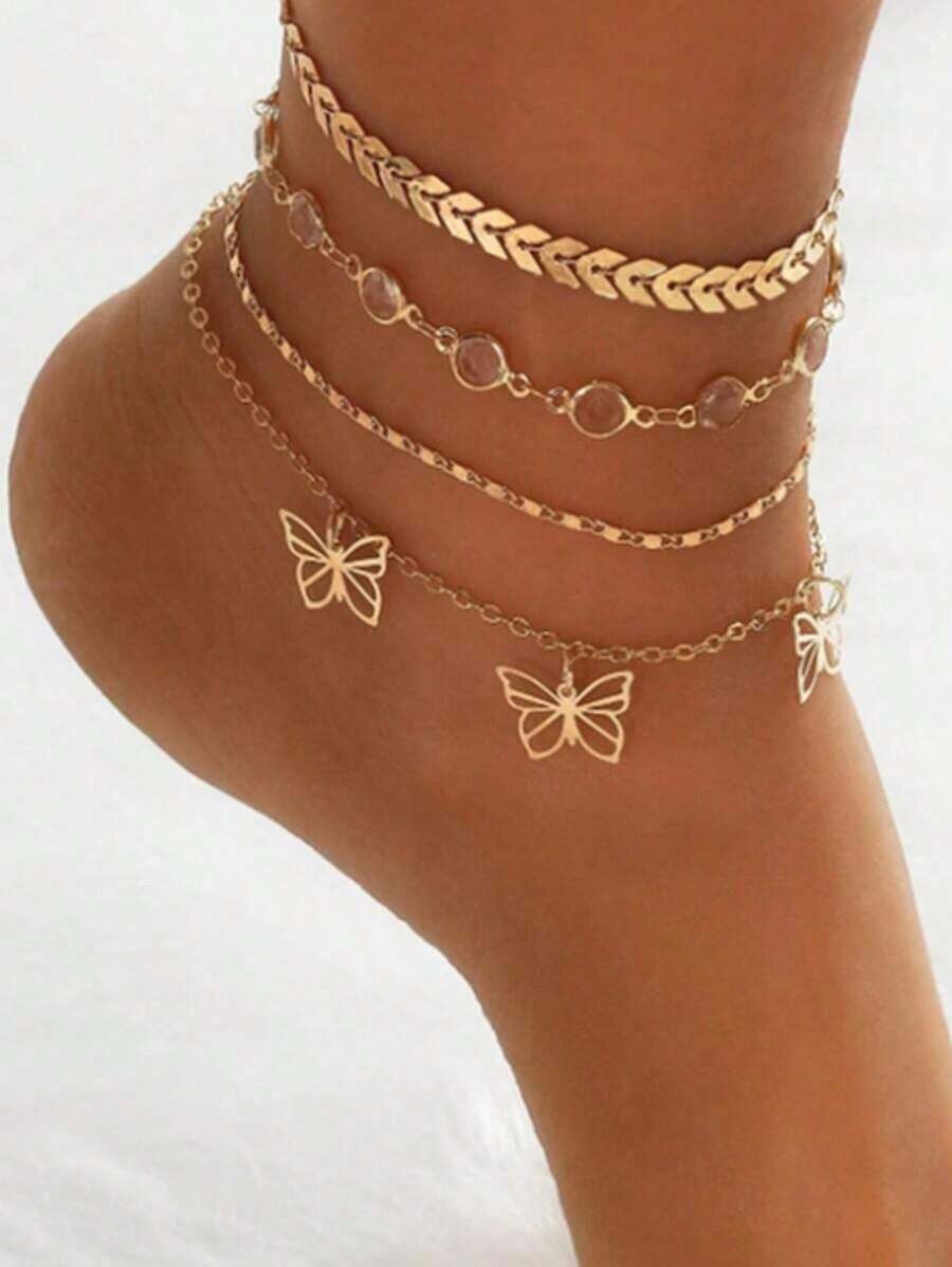 3pcs/Set Women Simple White Bead/Faux Pearl Anklet With Gold Starfish And Shell Pendant, Suitable For Daily Wear And Vacation - 金色蝴蝶腳鍊 4 件套 - 查看 1