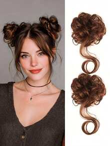 2件装合成凌乱盘发发髻发圈假发带编织弹性假发尾巴女士合成卷发马尾辫 - 龍須丸子髮圈多色 - 查看 7