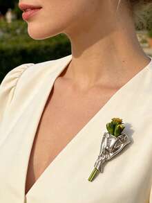 1PC Silver Bouquet Brooch, DIY Flower Insertion Design, Metallic Pin For Clothing & Bags - Multicolor - View 4