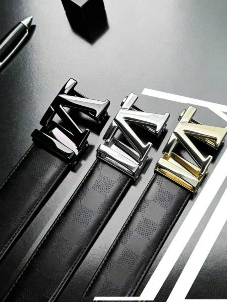 1pc Minimalist Versatile Men's Belt, Letter V Automatic Buckle Leather Belt, Casual Jeans Belt, Business Casual Belt, Suitable Gift For Boyfriend - Multicolor - View 1