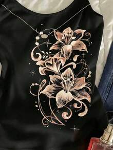 女士优雅岛屿百合仙女花夏季上衣，夏季上衣，女士夏季服装，女士沙滩装，女士休闲吊带上衣 - 黑色 - 查看 5