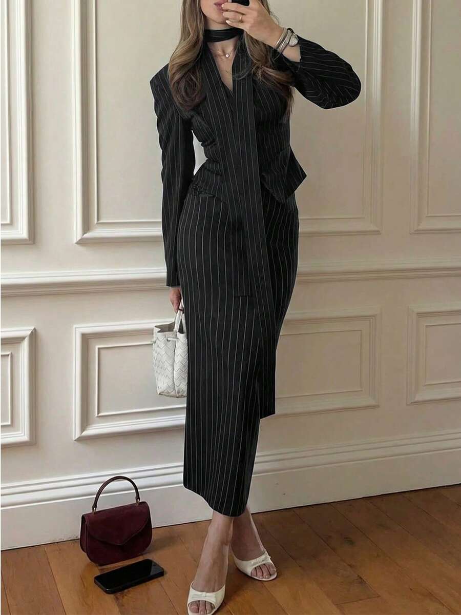 优雅简约假日派对通勤日常商务套装，女士秋季长袖收腰修身西装外套和铅笔裙套装，春季黑色 - 黑色 - 查看 1