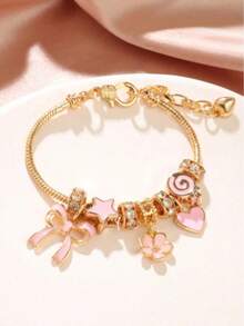 1件可调节金色水晶蝴蝶、心形、花朵棒棒糖串珠手链，优雅女孩礼物 - 彩色 - 查看 3