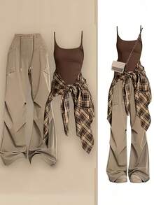 Streetwear 3pcs Suits Y2k Outfits Women Loose Casual Vintage Plaid Long Sleeve Shirts+Basic Spaghetti Vest+High Waist Wide Leg Drawstring Cargo Pants Set Harajuku Baggy Jogger Pants Sets Fashion Women Clothing All Season - 卡其色 - 查看 2