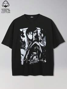 Tiny Spark 街头风黑色T恤，动漫卡通图案，摇滚风格 - 黑色 - 查看 1