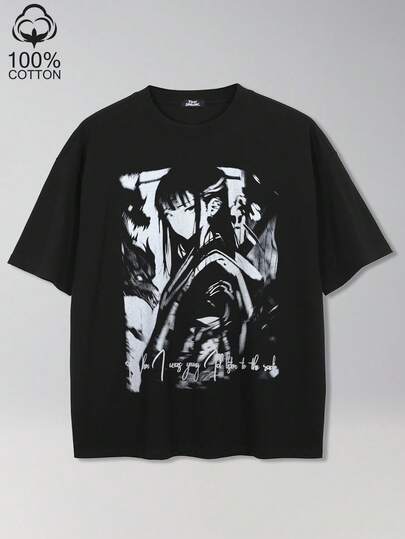 Tiny Spark 街头风黑色T恤，动漫卡通图案，摇滚风格