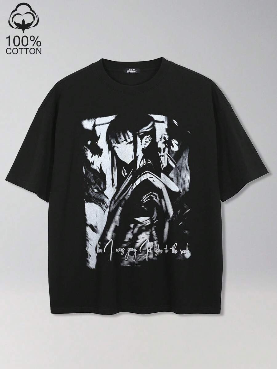Tiny Spark 街头风黑色T恤，动漫卡通图案，摇滚风格 - 黑色 - 查看 1