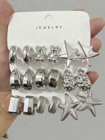 Set de 6/18 pendientes de botón de plata de moda, que incluye series en forma de C, mini oso y estrella de mar, adecuados para uso diario y vacaciones, gran regalo para mamá