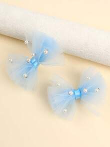 2pcs Mother's Day Blue Chiffon Faux Pearl Hair Clips, Fashion Hair Accessories, Suitable For Kids & Children, Spring/Summer Gift, Wedding Theme Gift - Royal Blue - View 4