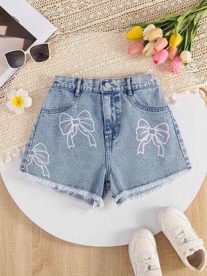 1pc Girls' Outdoor Casual Cute Bowknot Distressed Retro Soft Girl Vintage Sweet Cool Denim Shorts, Snug Fit, Versatile, Leg Lengthening, Summer