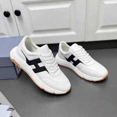 Round Toe Lace-Up Low-Top Casual Lifestyle Shoes, Black & White, Men