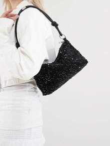 Casual Chic Sequin Shoulder Bag, Personalized Minimalist Large Capacity Crossbody Bag - Black - View 4