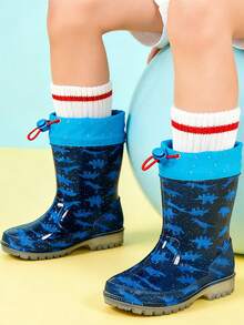 Children's Colorful Printed PVC Rain Boots With Drawstring Cuffs, Cute Cartoon Pattern Design - Royal Blue - View 5
