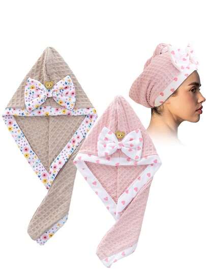 1个华夫格纹干发帽，超强吸水超细纤维干发巾，轻薄夏季浴室淋浴干发巾，可爱女孩粉色格子蝴蝶结浴帽，适合日常使用