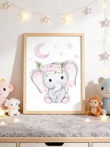3件套个性化定制大象墙饰，粉色大象云朵印花油画，月亮星星帆布海报，可定制宝宝名字，花卉爱心少女风墙饰，女婴房装饰，家居装饰，无框 - 淺粉色 - 查看 5