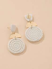 1 Pair Handmade Woven White Soft Ceramic & Semi-Circle Metal Slice Geometric Earrings, Unique , Suitable For Outing, Party, Vacation, Afternoon Tea, And As Gift - White - View 3
