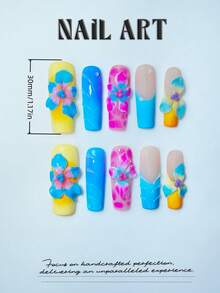 10-Piece Handmade Press-On Nail Stickers, Y2K Style, Square Nails, 3D Nail Art, Cute Nail Art, 3D Hand-Carved Flowers, False Nails, Dopamine Style, High-End Quality, Reusable, Suitable For Women And Girls To Wear Daily Or On Holidays, And Can Also Be Given As A Gift. - Multicolor - View 4