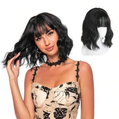 Peluca sintética de 14 pulgadas de largo con flequillo, color negro, Peluca Bobo,  dulces y lindas rizada y ondulada para uso diario, fiestas, cosplay para mujeres
