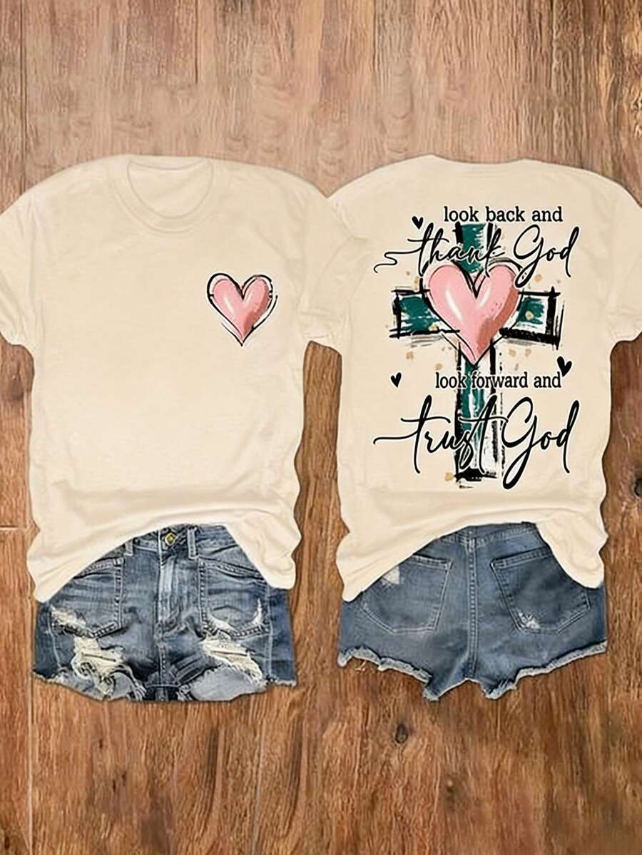 Women's Christian Inspired Graphic Print T-Shirt - "Looking Back, See How Far You've Come" Short Sleeve Crew Neck Top With Cross And Heart Design - 杏色 - 查看 1