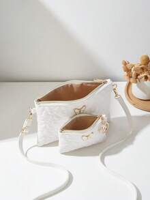 2pcs/Set Quilted Diagonal Crossbody Bag, Butterfly Shoulder Bag, Phone Pouch & Coin Purse - White - View 6