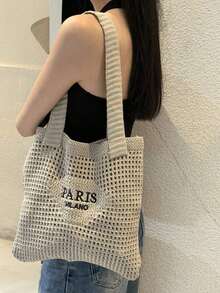 Knitted Shoulder Bag, Versatile Beach Tote Bag With Embroidered Hollow Letter Design, Casual Travel , Beach Bag S0X3 - Color - View 7