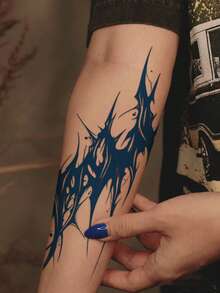 1张抽象哥特美学草本汁半永久魔法纹身贴纸，炫酷闪亮临时纹身，节日派对礼物，7-14天防水，肩部/锁骨/腹部假纹身贴纸 - 藍色 - 查看 2