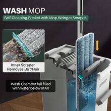 Mop And Bucket With Wringer Set, Flat Squeeze Mop Flat Head, Dust Mops For Wall Cleaner With Long Handle, Hands-Free Microfiber Mops For Floor Cleaning - White - 大號白色水桶#2+60吋平板拖把+4個拖布 - 查看 3