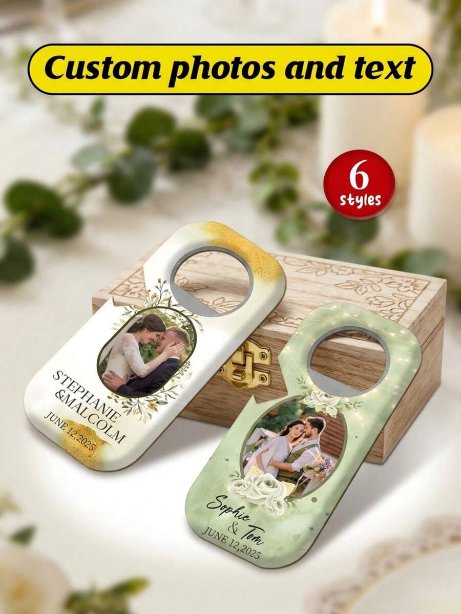 Personalisierter Flaschenöffner-Magnet als Hochzeitsfavour - 10x4,5cm eleganter weißer Flaschenöffner, individualisierbar mit Foto des Paares, Namen ("Olivia & Liam", "Sophie & Tom", "Stephanie & Malcolm") und Hochzeitsdatum ("März 2025", "12. Juni 2025"). Mit Magnetrückseite, 6+ Blumendesigns und robuster Metallkonstruktion. Ideales Geschenk für Neuvermählte, Hochzeitsgäste und rustikale Feiern. Perfekt für Empfänge, Brautduschen und praktische Erinnerungsstücke. - Verschiedenfarbig - Übersicht 1