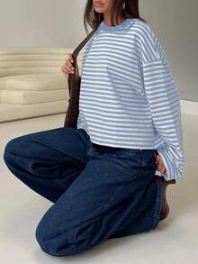 Women's Casual Top, Striped Color Block Ribbed Everyday Wear Spring - Blue and White - View 5