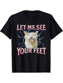 Men'S Funny Let Me See Your Feet Graphic T-Shirt - Black with Electric Blue Cat & Pink Text, Bohemian Style Round Neck Short Sleeve Casual Tee - Schwarz - Übersicht 1