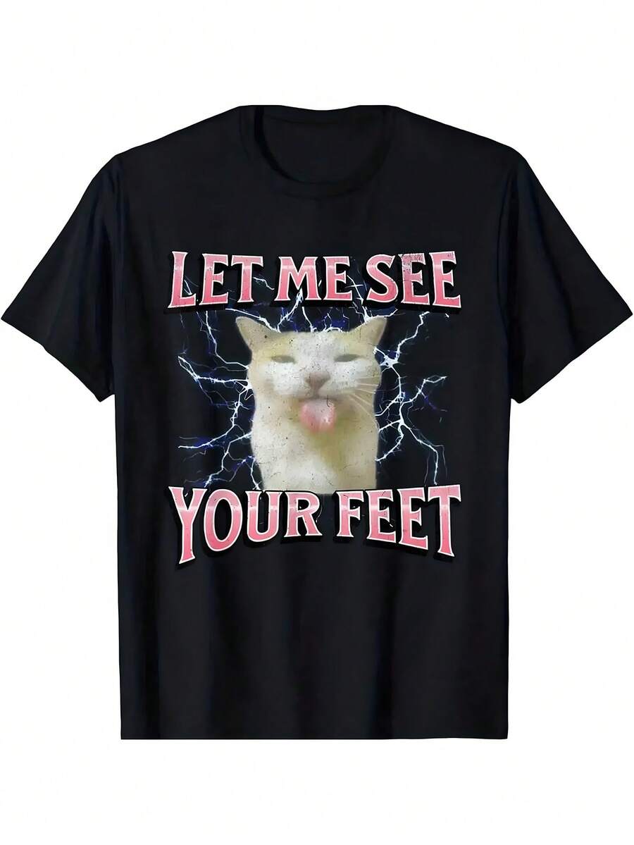 Men'S Funny Let Me See Your Feet Graphic T-Shirt - Black with Electric Blue Cat & Pink Text, Bohemian Style Round Neck Short Sleeve Casual Tee - Schwarz - Übersicht 1