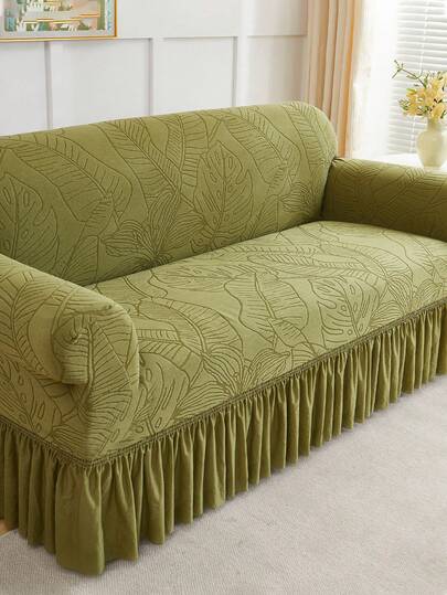 1pc Olive Green Plush Fabric Leaf Pattern Elastic Skirt Style Sofa Cover, Skirt Design Sofa Home Protective Cover, Nordic Modern Polyester Anti-Dust Anti-Slip Thickened Sofa Slipcover, Fits 1/2/3/4 Seater Sofa, Home Decor